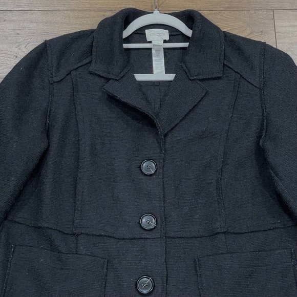 Chicos Jacket Blazer Womens Large 2 Black Wool Blend Pieced Textured‎ Button - Picture 2 of 12